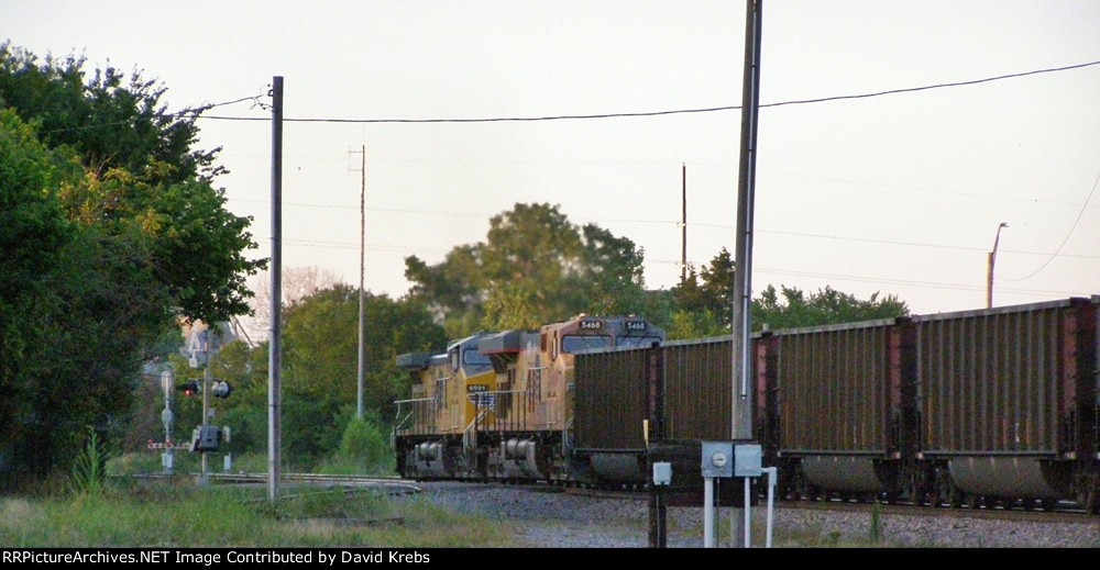 Fast coal train SB at the Main St. crossing pushers.